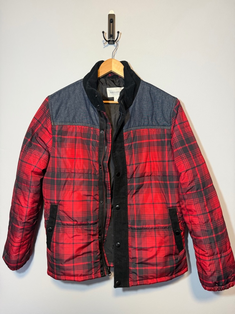 Sun + Stone Red and Black Plaid Quilted Puffer Jacket